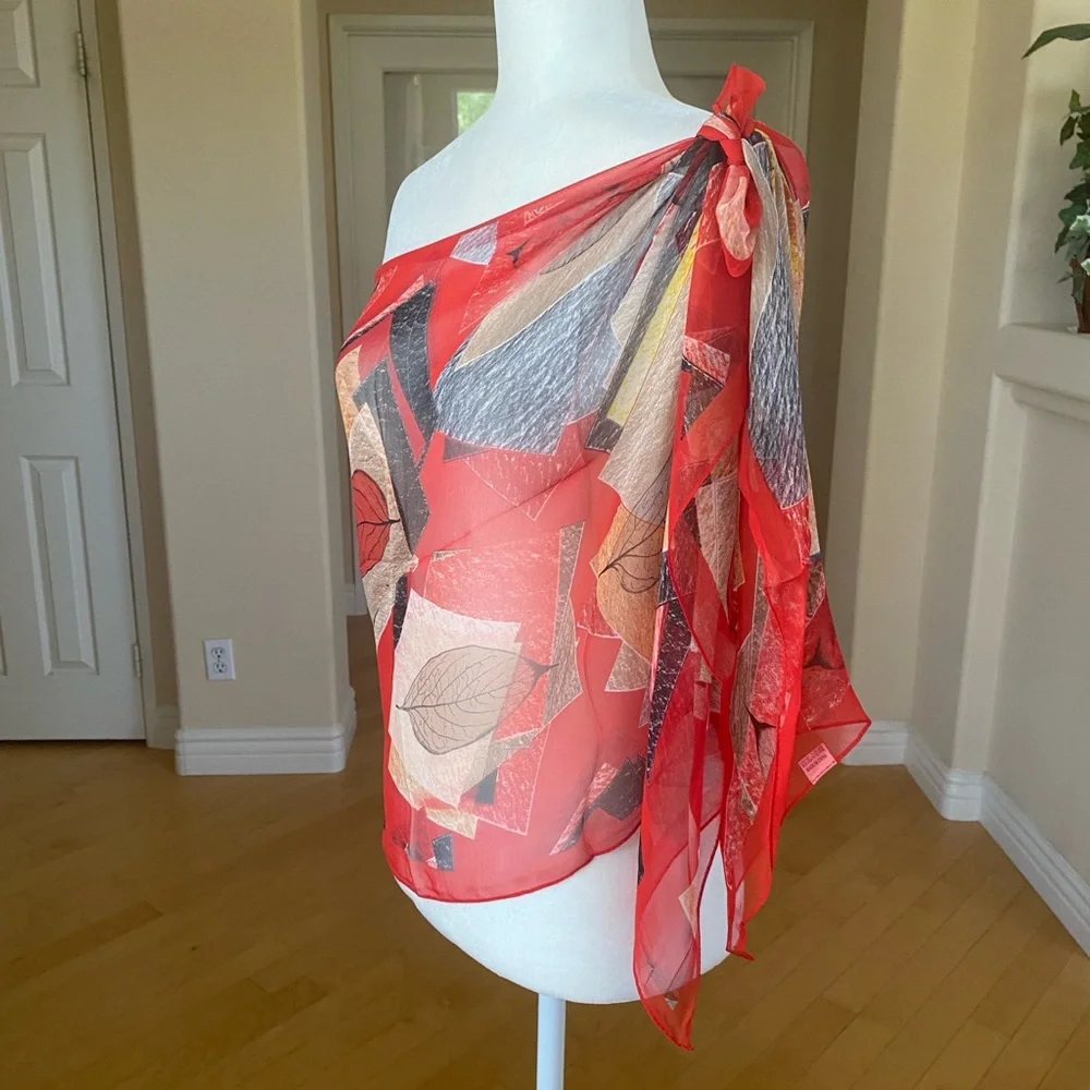 Vibrant Red Leaf Patterned Scarf Sarong Wrap